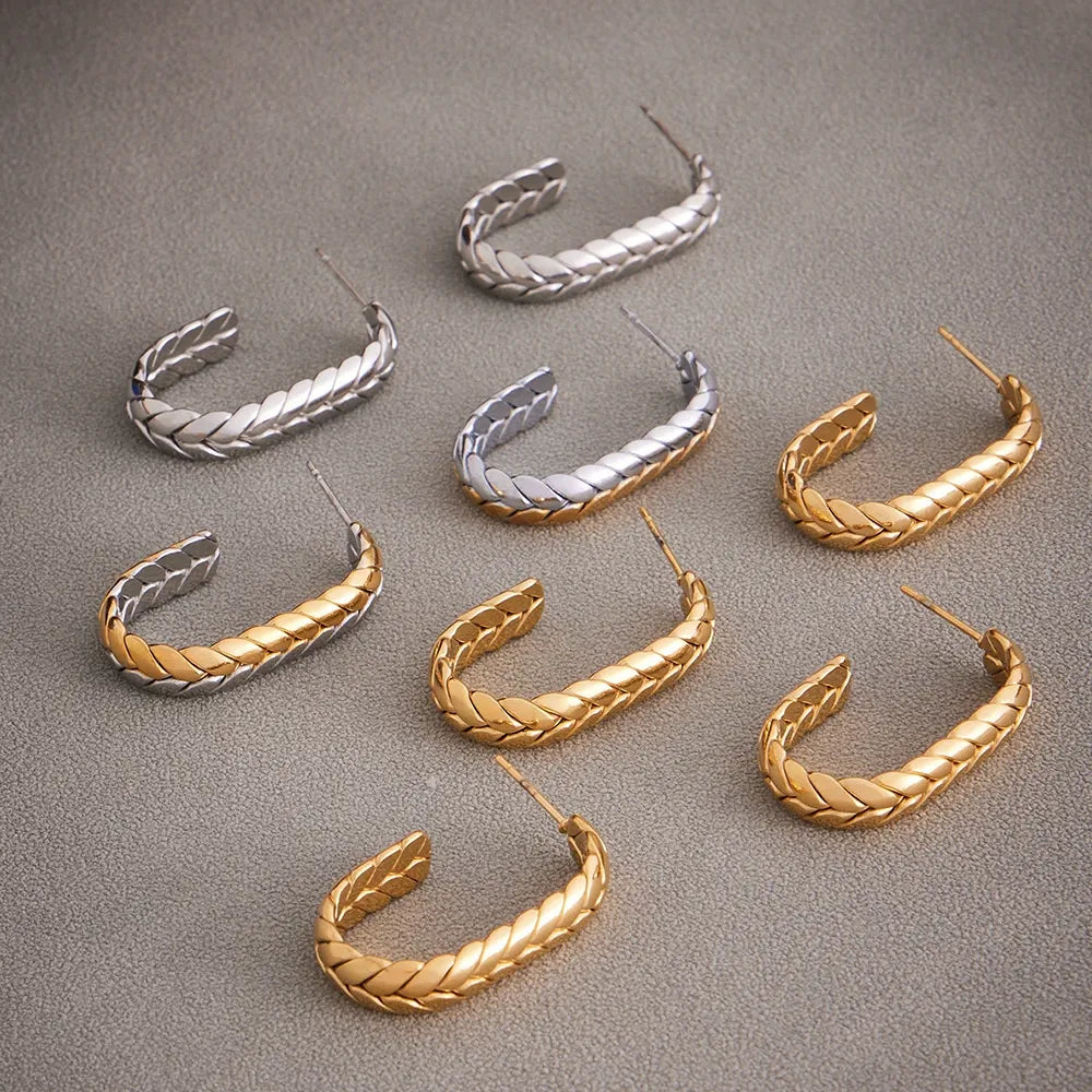 316L Stainless Steel 18K Gold Plated Two-Tone Wheat Spike C-Hoop Earrings - Image 2