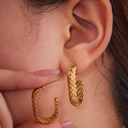 316L Stainless Steel 18K Gold Plated Two-Tone Wheat Spike C-Hoop Earrings - Image 3