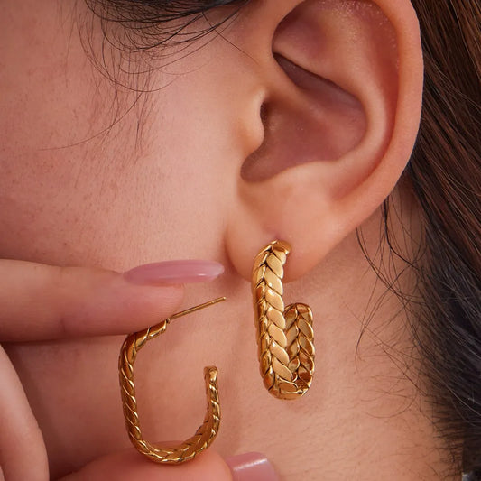 316L Stainless Steel 18K Gold Plated Two-Tone Wheat Spike C-Hoop Earrings - Image 3