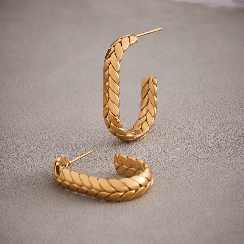 316L Stainless Steel 18K Gold Plated Two-Tone Wheat Spike C-Hoop Earrings - Image 4