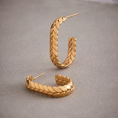 316L Stainless Steel 18K Gold Plated Two-Tone Wheat Spike C-Hoop Earrings - Image 4