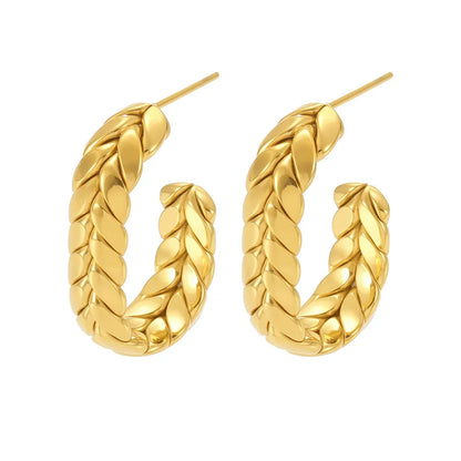 316L Stainless Steel 18K Gold Plated Two-Tone Wheat Spike C-Hoop Earrings - Image 5