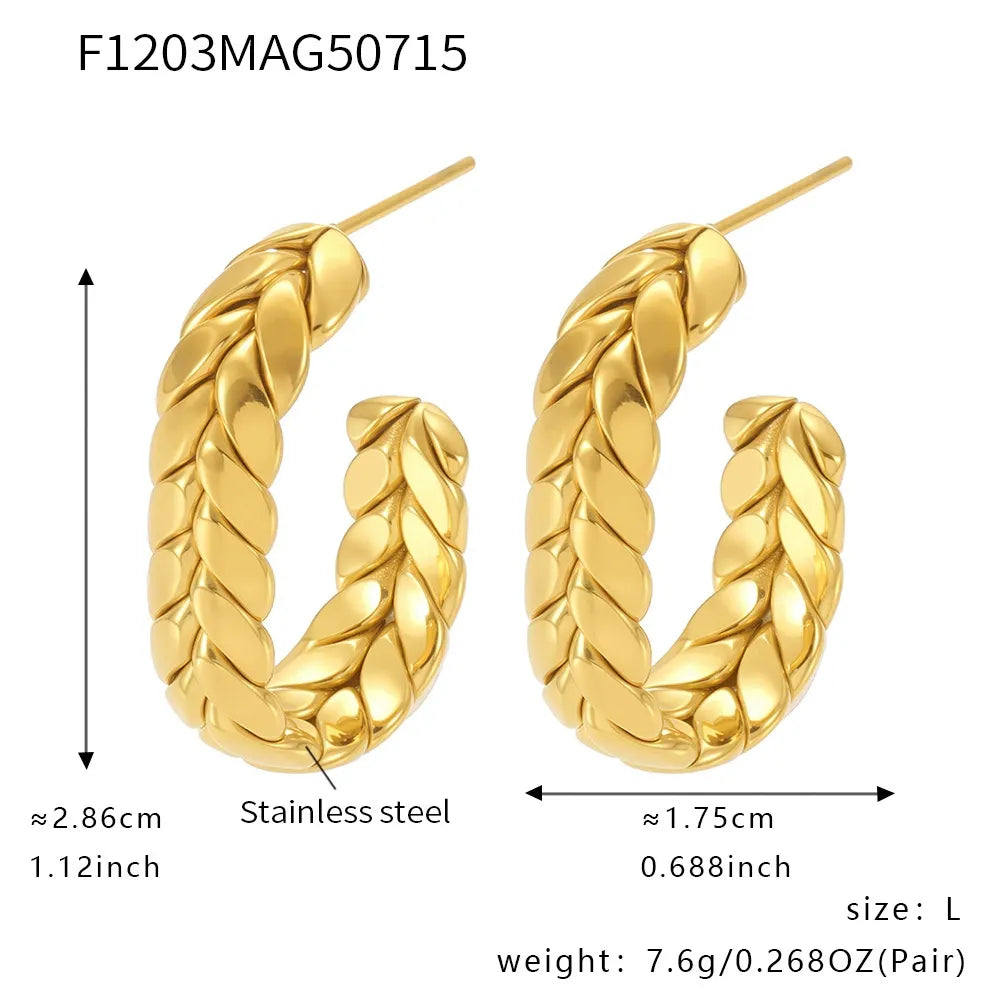 316L Stainless Steel 18K Gold Plated Two-Tone Wheat Spike C-Hoop Earrings - Image 6