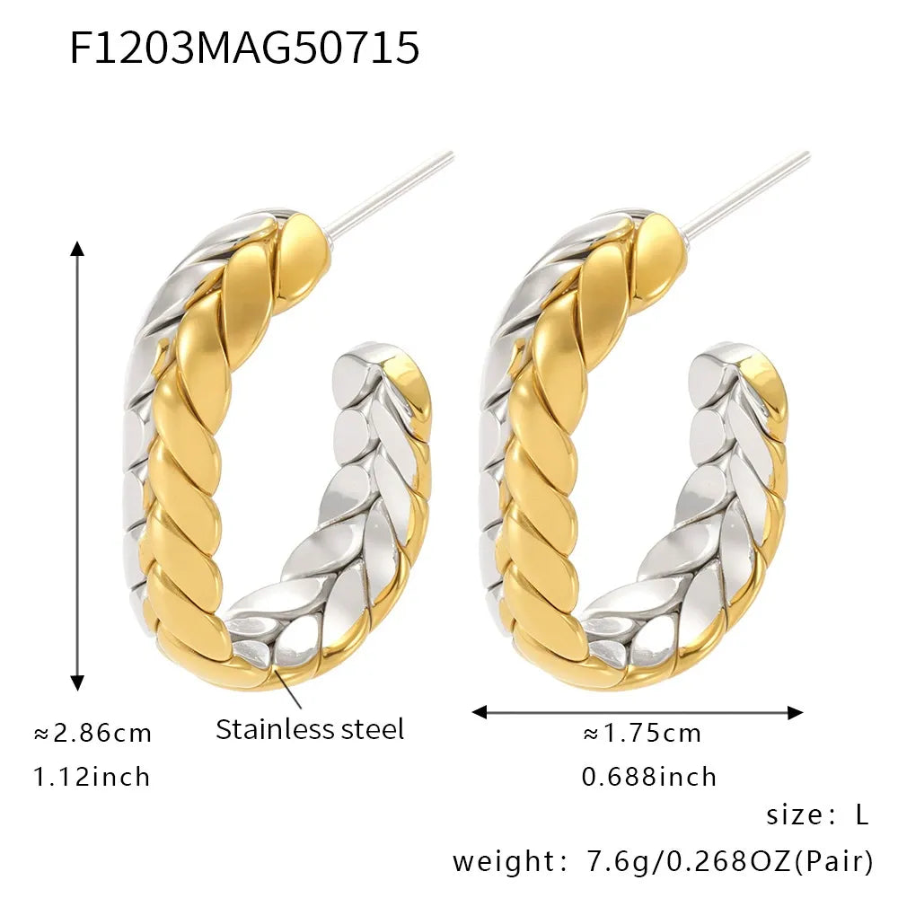 316L Stainless Steel 18K Gold Plated Two-Tone Wheat Spike C-Hoop Earrings - Image 8