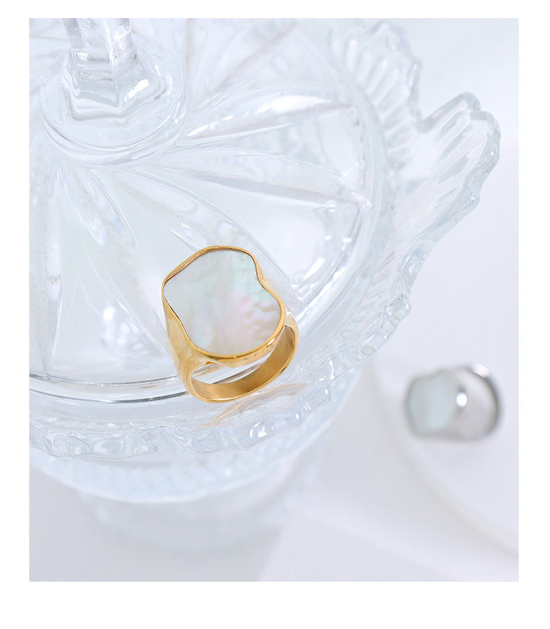 316L Stainless Steel 18K Gold Plated Unique Irregular White Mother-of-Pearl Ring - Image 1