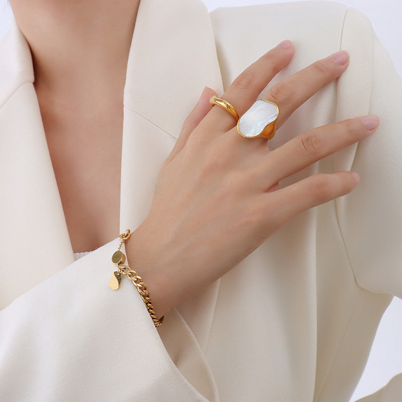 316L Stainless Steel 18K Gold Plated Unique Irregular White Mother-of-Pearl Ring - Image 2