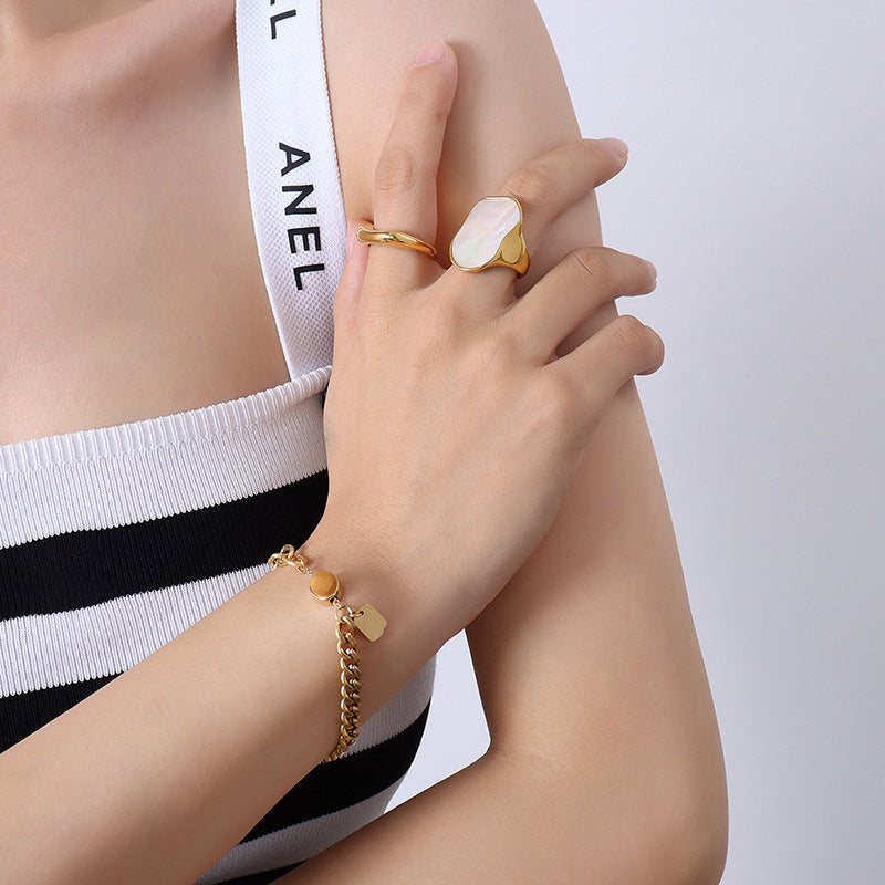 316L Stainless Steel 18K Gold Plated Unique Irregular White Mother-of-Pearl Ring - Image 3