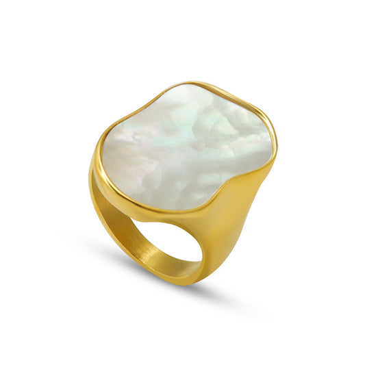 316L Stainless Steel 18K Gold Plated Unique Irregular White Mother-of-Pearl Ring - Image 5