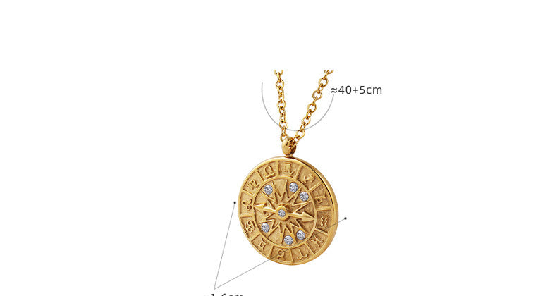 316L Stainless Steel 18K Gold Plated Vintage Embossed Zircon Zodiac Pendant Necklace - Image 1
