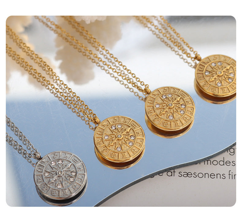 316L Stainless Steel 18K Gold Plated Vintage Embossed Zircon Zodiac Pendant Necklace - Image 2