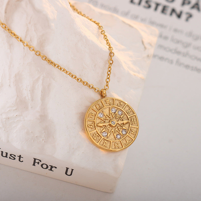 316L Stainless Steel 18K Gold Plated Vintage Embossed Zircon Zodiac Pendant Necklace - Image 5