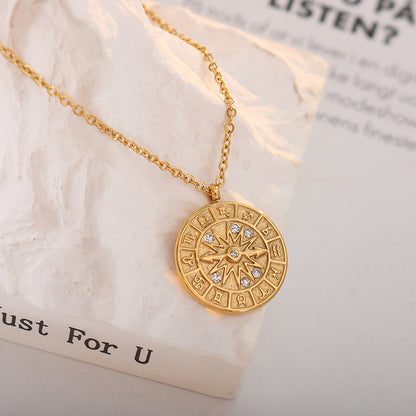 316L Stainless Steel 18K Gold Plated Vintage Embossed Zircon Zodiac Pendant Necklace - Image 5