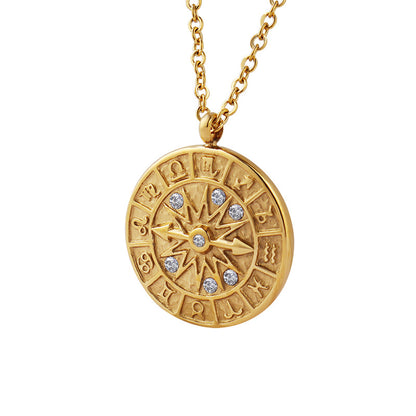 316L Stainless Steel 18K Gold Plated Vintage Embossed Zircon Zodiac Pendant Necklace - Image 6
