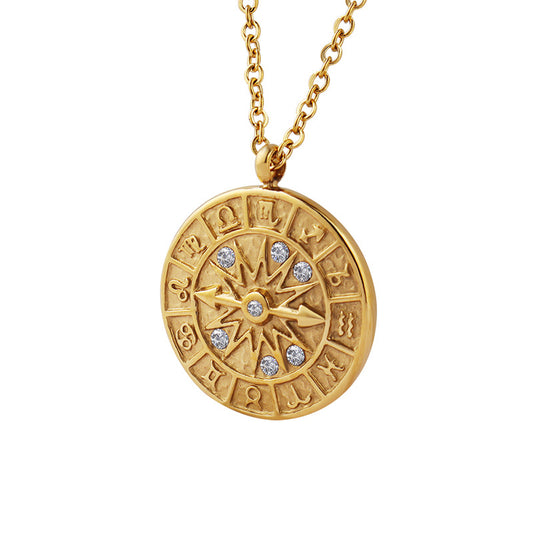 316L Stainless Steel 18K Gold Plated Vintage Embossed Zircon Zodiac Pendant Necklace - Image 6