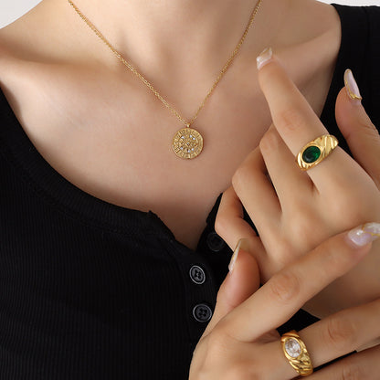 316L Stainless Steel 18K Gold Plated Vintage Embossed Zircon Zodiac Pendant Necklace - Image 7