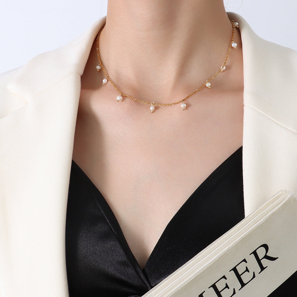 316L Stainless Steel 18K Gold Plated Vintage Freshwater Pearl Necklace - Image 2