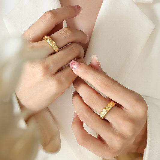 316L Stainless Steel 18K Gold Plated Vintage Palace Style Zircon Sun & Moon Ring - Image 2