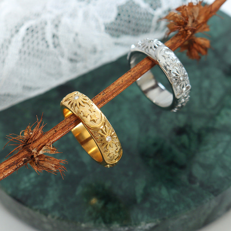 316L Stainless Steel 18K Gold Plated Vintage Palace Style Zircon Sun & Moon Ring - Image 3
