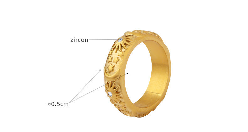 316L Stainless Steel 18K Gold Plated Vintage Palace Style Zircon Sun & Moon Ring - Image 5