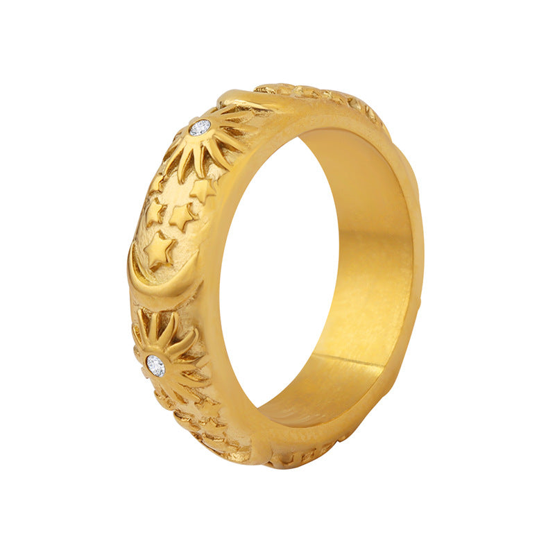 316L Stainless Steel 18K Gold Plated Vintage Palace Style Zircon Sun & Moon Ring - Image 7