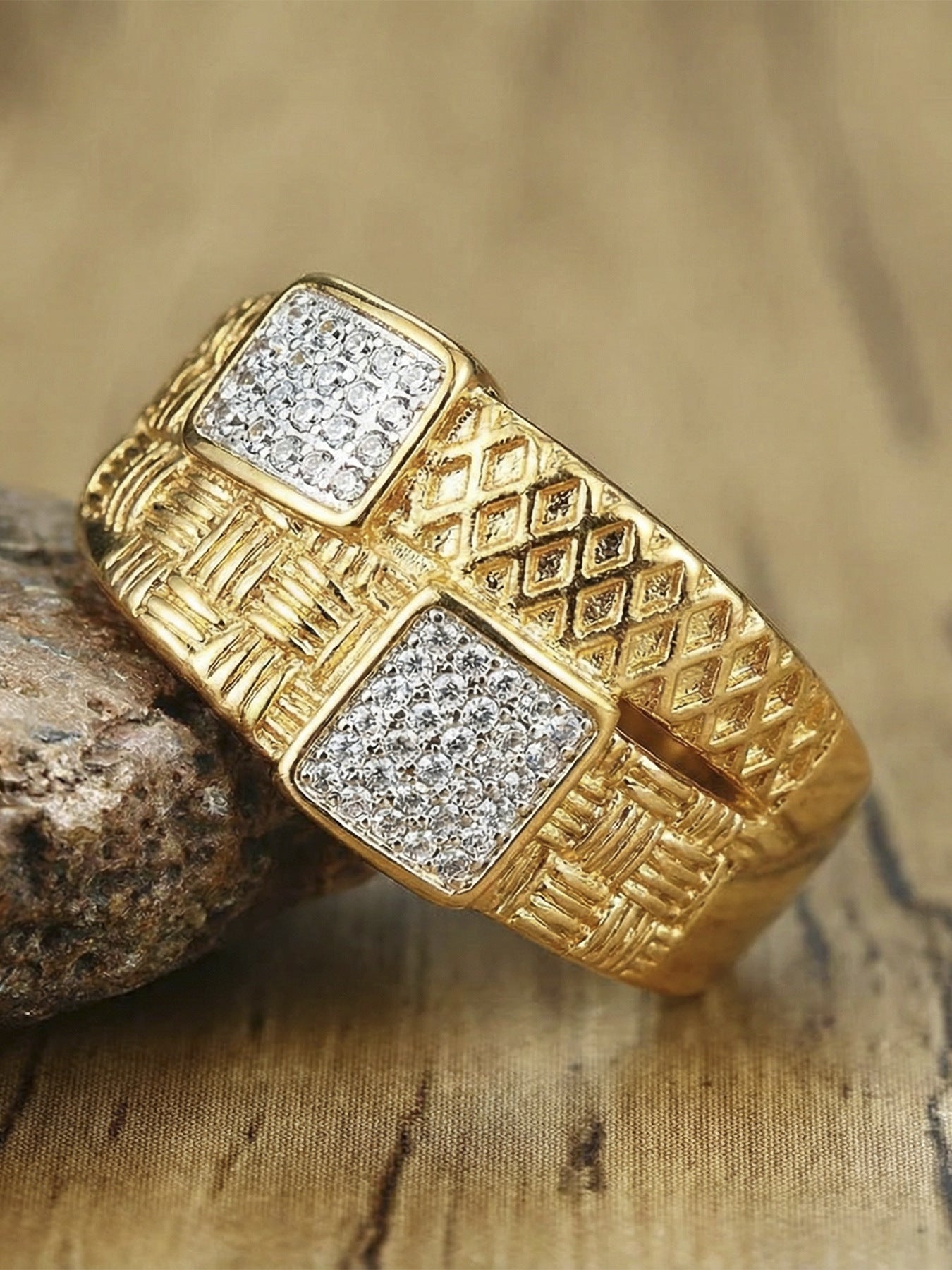 316L Stainless Steel 18K Gold Plated Vintage Textured Sparkle Ring - Image 1