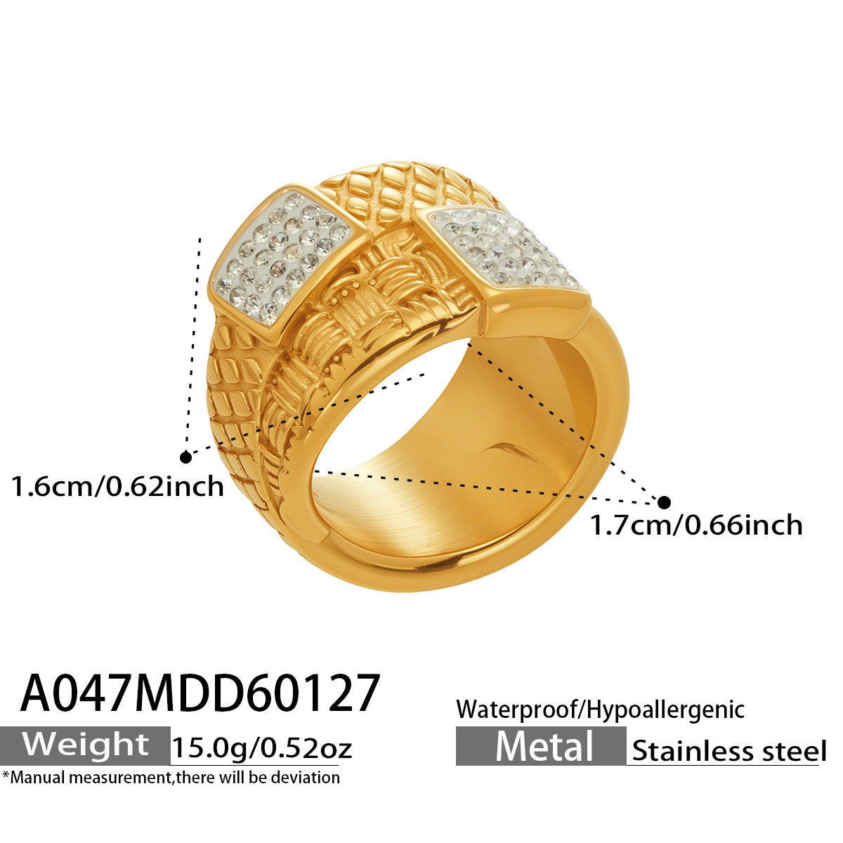 316L Stainless Steel 18K Gold Plated Vintage Textured Sparkle Ring - Image 10