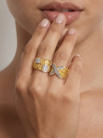 316L Stainless Steel 18K Gold Plated Vintage Textured Sparkle Ring - Image 2