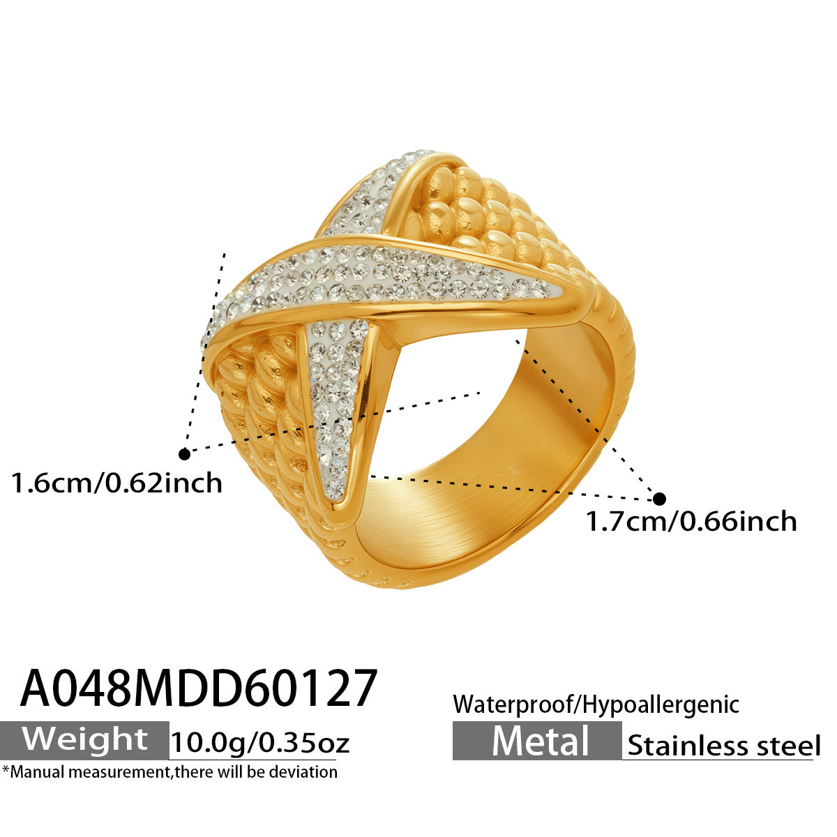 316L Stainless Steel 18K Gold Plated Vintage Textured Sparkle Ring - Image 5