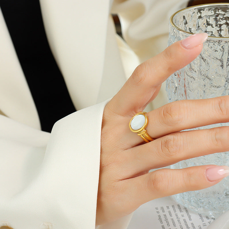 316L Stainless Steel 18K Gold Plated Vintage White Mother-of-Pearl Ring - Image 4