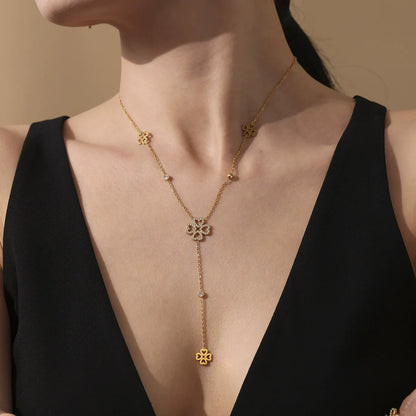 316L Stainless Steel 18K Gold Plated Zircon Four-Leaf Clover Tassel Necklace & Bracelet - Image 2