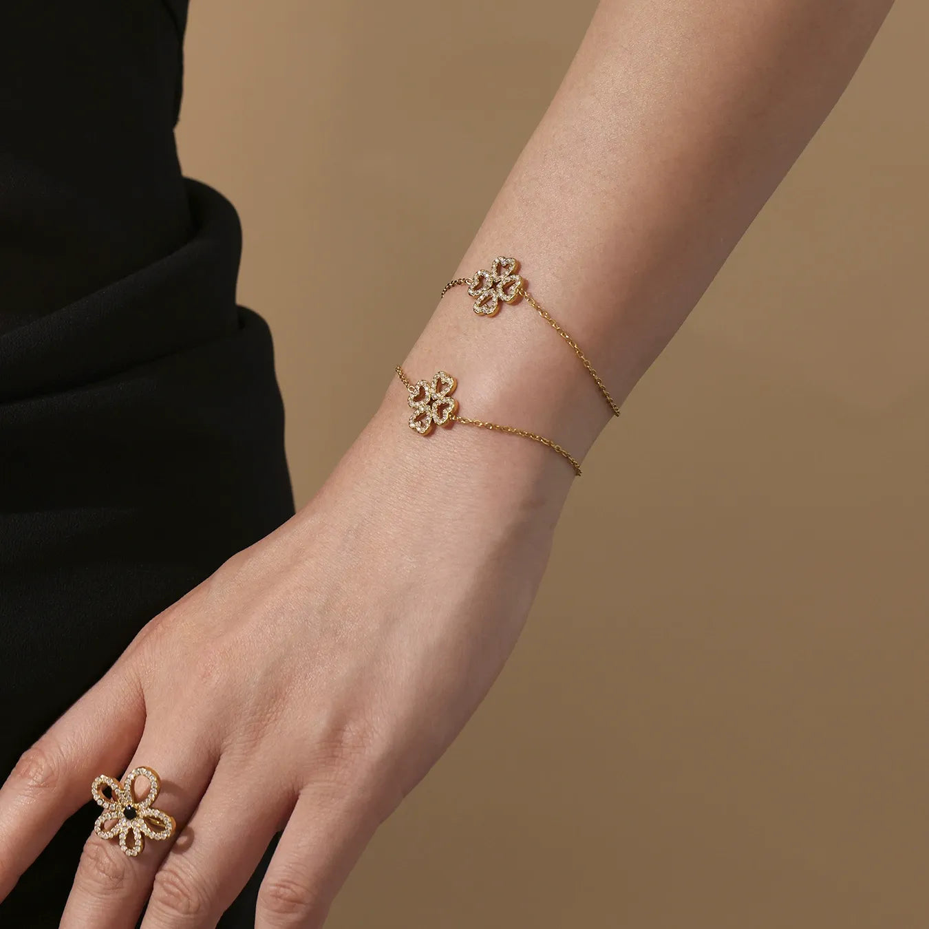 316L Stainless Steel 18K Gold Plated Zircon Four-Leaf Clover Tassel Necklace & Bracelet - Image 3