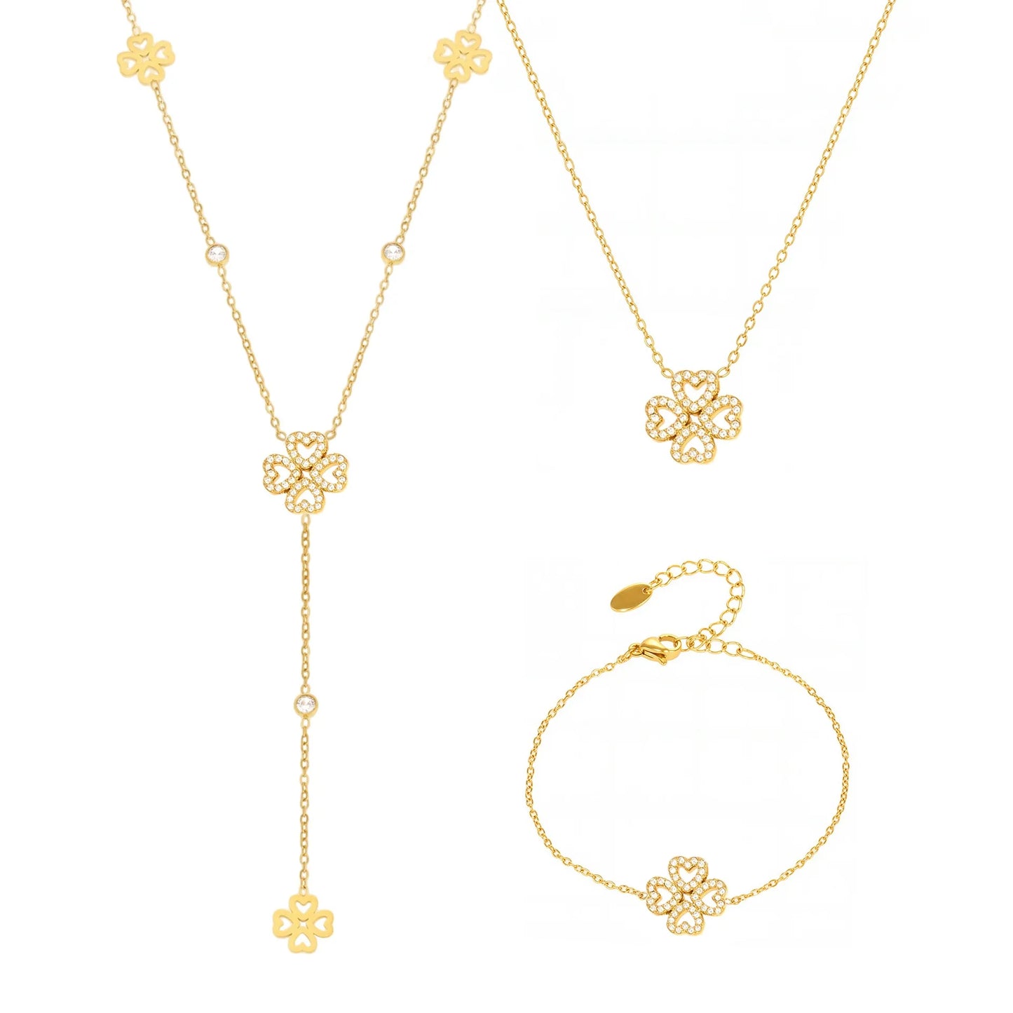 316L Stainless Steel 18K Gold Plated Zircon Four-Leaf Clover Tassel Necklace & Bracelet - Image 5