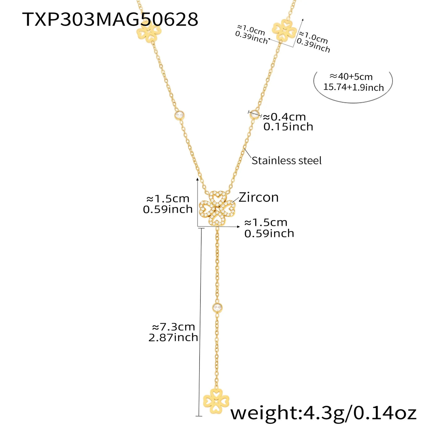 316L Stainless Steel 18K Gold Plated Zircon Four-Leaf Clover Tassel Necklace & Bracelet - Image 6