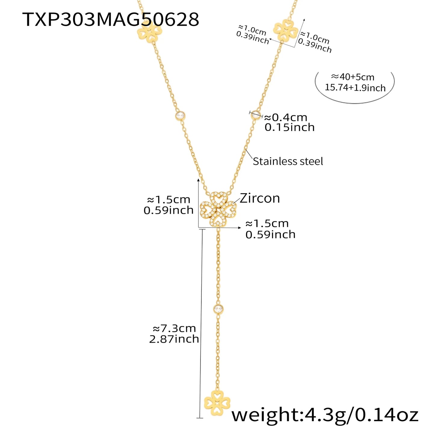 316L Stainless Steel 18K Gold Plated Zircon Four-Leaf Clover Tassel Necklace & Bracelet - Image 6