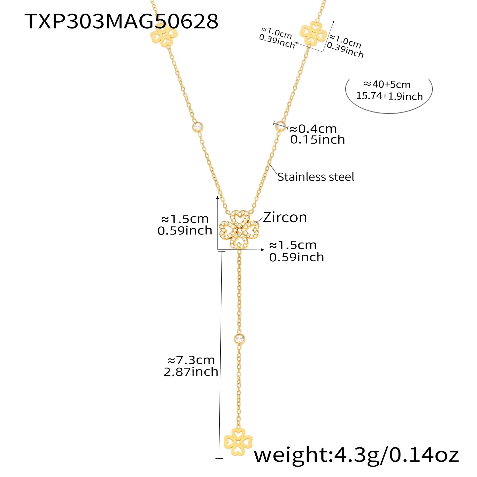 316L Stainless Steel 18K Gold Plated Zircon Four-Leaf Clover Tassel Necklace & Bracelet - Image 6