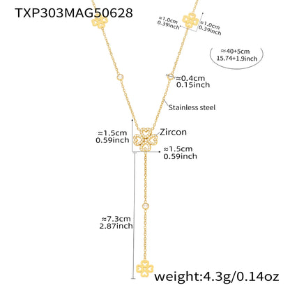 316L Stainless Steel 18K Gold Plated Zircon Four-Leaf Clover Tassel Necklace & Bracelet - Image 6