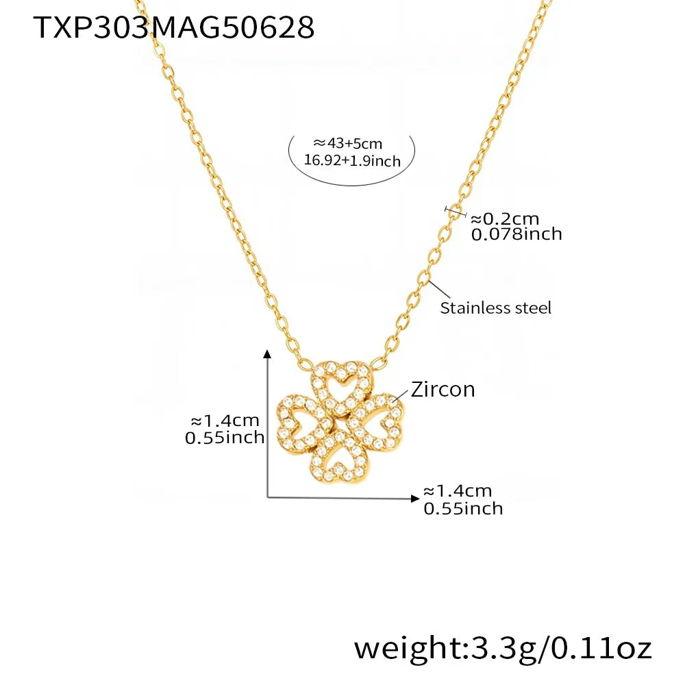 316L Stainless Steel 18K Gold Plated Zircon Four-Leaf Clover Tassel Necklace & Bracelet - Image 7