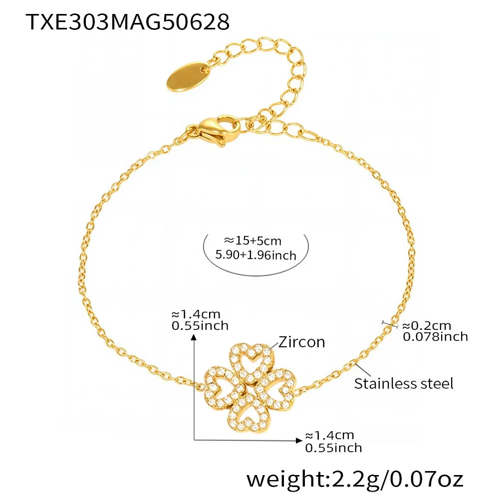 316L Stainless Steel 18K Gold Plated Zircon Four-Leaf Clover Tassel Necklace & Bracelet - Image 8