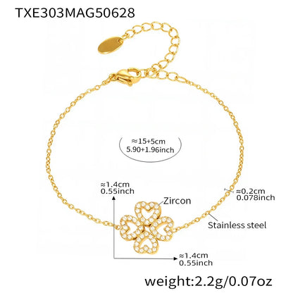 316L Stainless Steel 18K Gold Plated Zircon Four-Leaf Clover Tassel Necklace & Bracelet - Image 8