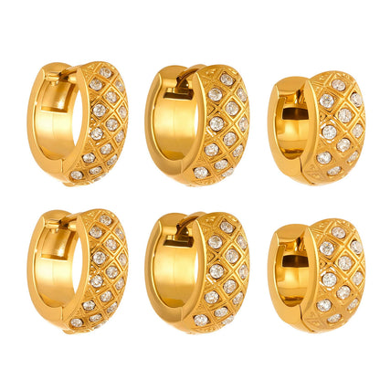 316L Stainless Steel 18K Gold Plated Zircon Inlaid Quilted Round Huggie Hoop Earrings - Image 11