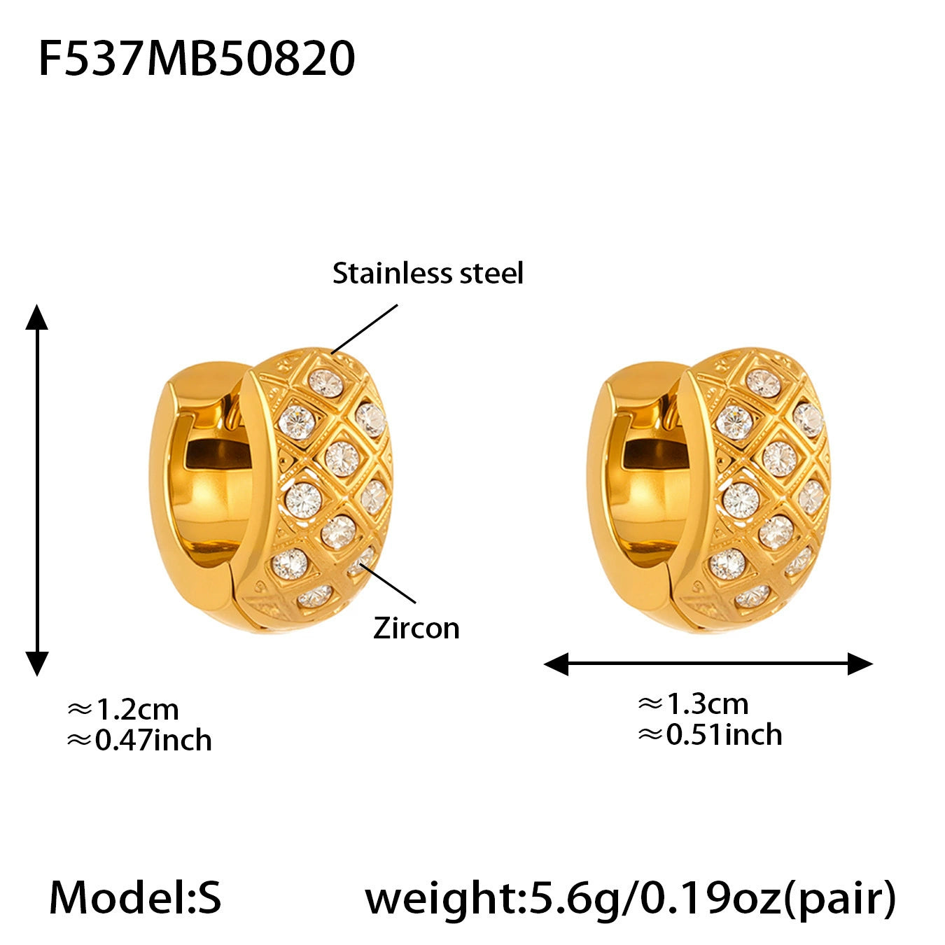 316L Stainless Steel 18K Gold Plated Zircon Inlaid Quilted Round Huggie Hoop Earrings - Image 3