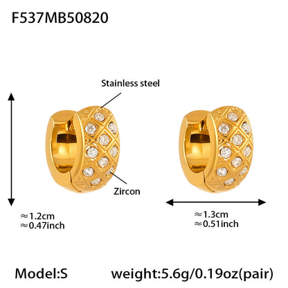 316L Stainless Steel 18K Gold Plated Zircon Inlaid Quilted Round Huggie Hoop Earrings - Image 3