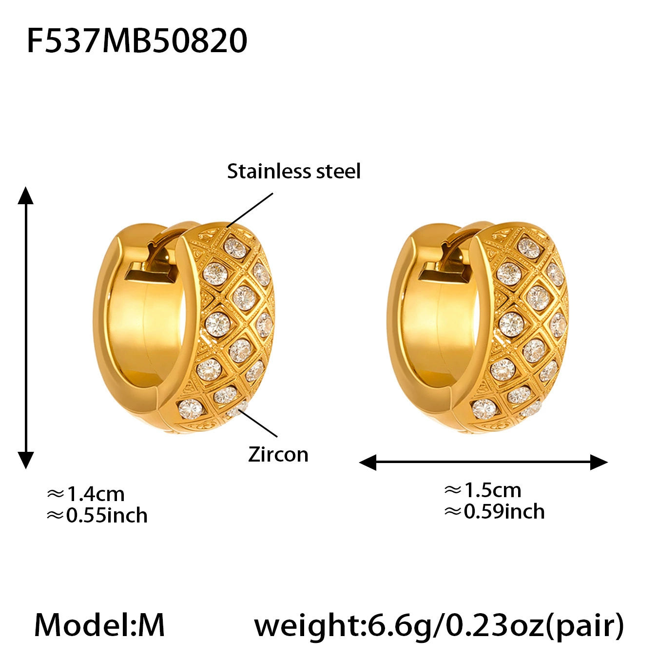 316L Stainless Steel 18K Gold Plated Zircon Inlaid Quilted Round Huggie Hoop Earrings - Image 6
