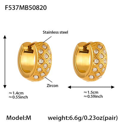 316L Stainless Steel 18K Gold Plated Zircon Inlaid Quilted Round Huggie Hoop Earrings - Image 6