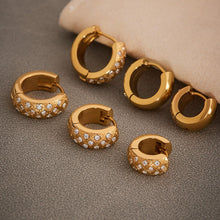316L Stainless Steel 18K Gold Plated Zircon Inlaid Quilted Round Huggie Hoop Earrings - Image 8