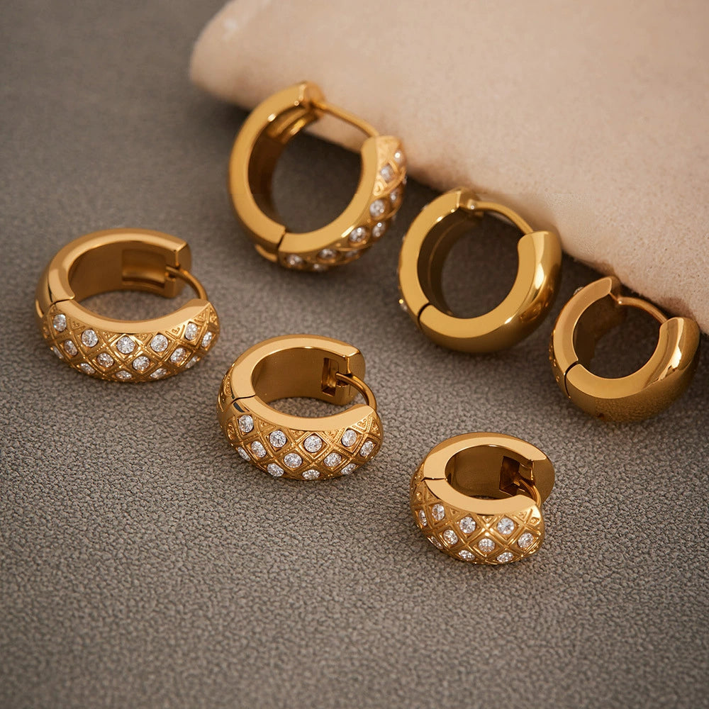 316L Stainless Steel 18K Gold Plated Zircon Inlaid Quilted Round Huggie Hoop Earrings - Image 8
