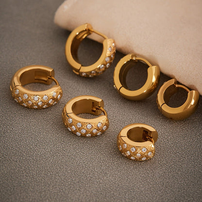 316L Stainless Steel 18K Gold Plated Zircon Inlaid Quilted Round Huggie Hoop Earrings - Image 8