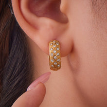 316L Stainless Steel 18K Gold Plated Zircon Inlaid Quilted Round Huggie Hoop Earrings - Image 9