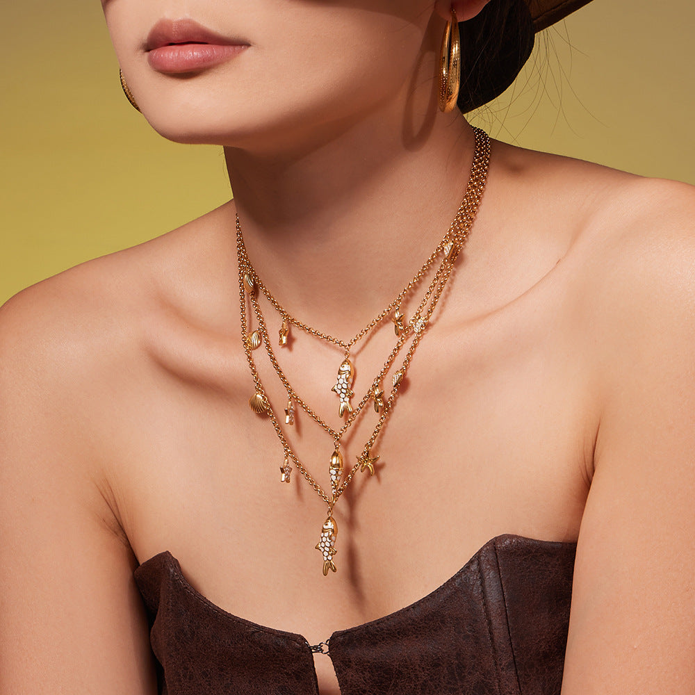 316L Stainless Steel 18K Gold Plated Zircon Koi Fish Star Heart Necklace & Bracelet Set - Image 1