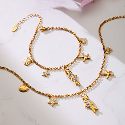 316L Stainless Steel 18K Gold Plated Zircon Koi Fish Star Heart Necklace & Bracelet Set - Image 2